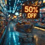 A shopping cart filled with goods stands beneath a glowing 50% off sign in a bustling grocery aisle.
