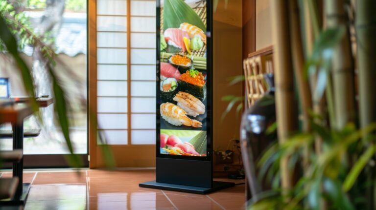 A digital menu display in a Japanese restaurant shows a variety of colorful sushi rolls. The display is located next to a traditional shoji screen door.