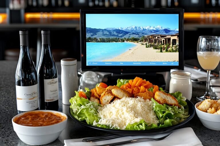 A vibrant restaurant table setting featuring a colorful salad and drinks with a scenic beach view on screen