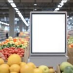 A blank digital display is positioned prominently in a busy supermarket's produce aisle, surrounded by vibrant fruits and vegetables, ideal for advertising and promotions.