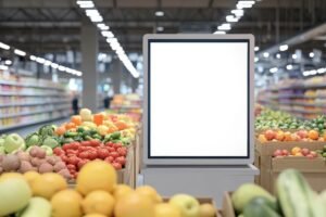 A blank digital display is positioned prominently in a busy supermarket's produce aisle, surrounded by vibrant fruits and vegetables, ideal for advertising and promotions.