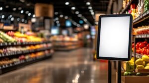 Blank digital sign in a grocery store
