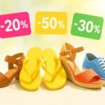 Brightly colored footwear is showcased on a light surface, featuring sandals, flip flops, and casual shoes. Colorful tags indicate discounts of twenty, thirty, and fifty percent off.