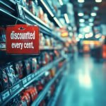 A red discount sign hangs prominently, indicating savings on products in the vibrant store aisle.