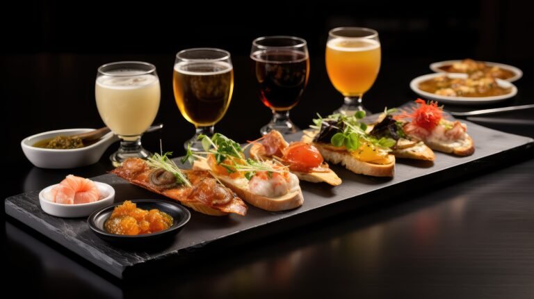 elegant tapas and beer illustration gourmet smoked, salmon stuffed, piquillo peppers elegant tapas and beer
