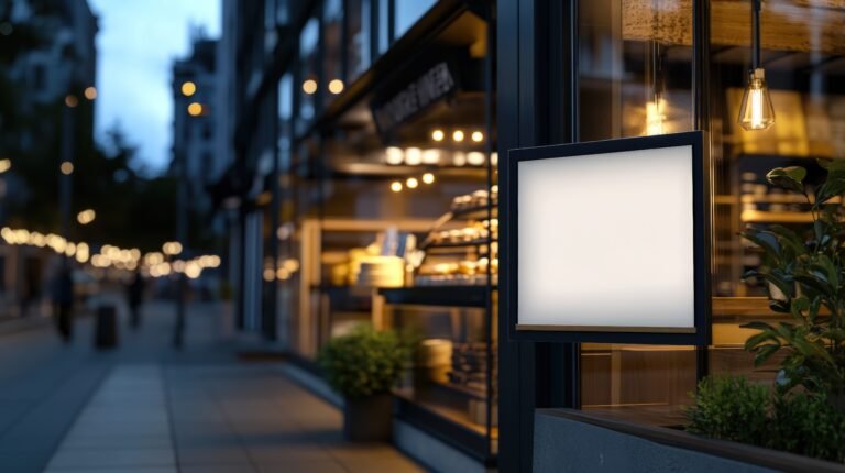 Empty signage on a cafe storefront at night