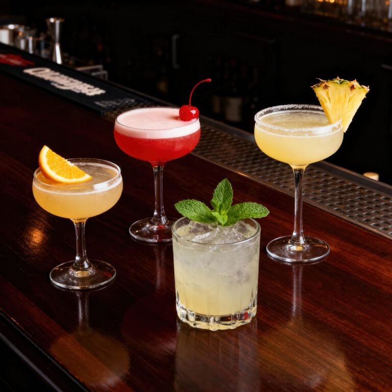 , low-light view of four distinct mixed drinks, featuring varying colors and garnishes, including a red foamy cocktail with a cherry, a yellow beverage with an orange slice, a clear drink with mint leaves and crushed ice in a tumbler, and another yellow cocktail garnished with a pineapple wedge and a sugared rim, all displayed prominently on a reflective, deep brown wooden bar top in a dimly lit establishment.