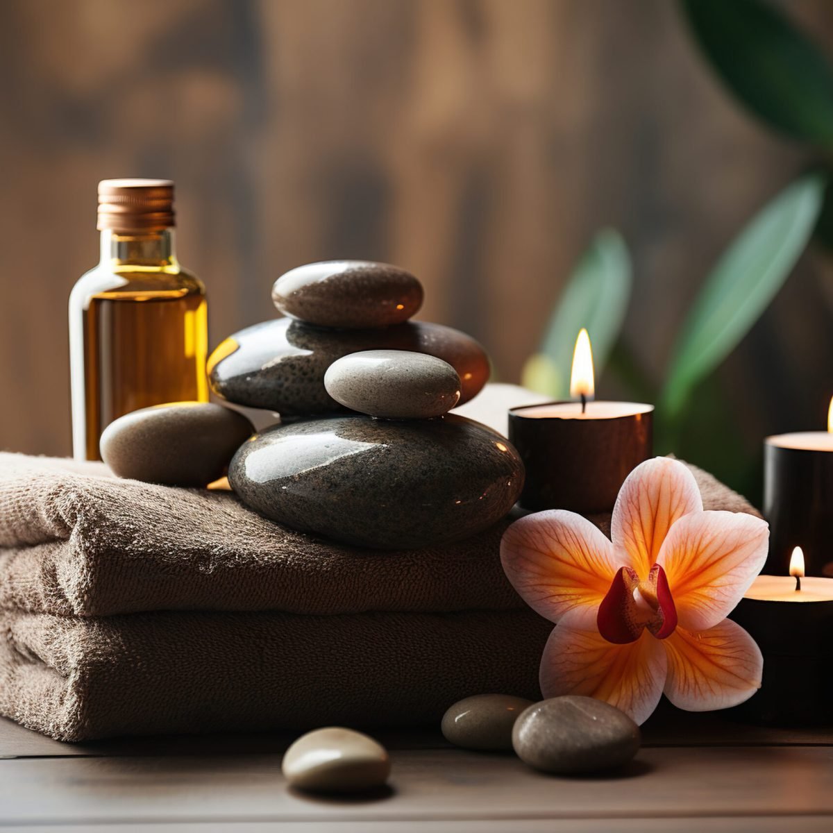 Towels with massage stones on a wooden table with flowers and candles. Comfort of a spa salon.