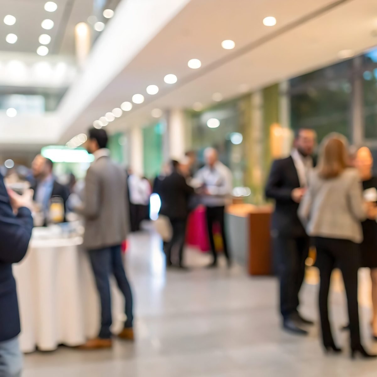 Blurred shot of business people networking and socializing at a corporate event in a modern office building.  The image captures the atmosphere of a lively gathering, with individuals in professional attire mingling and interacting. This content is generated by AI.