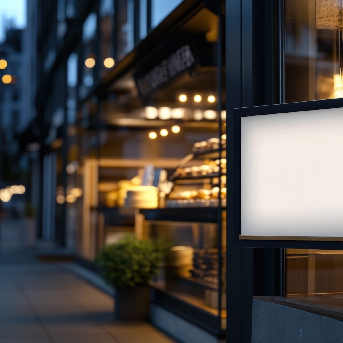 Empty signage on a cafe storefront at night