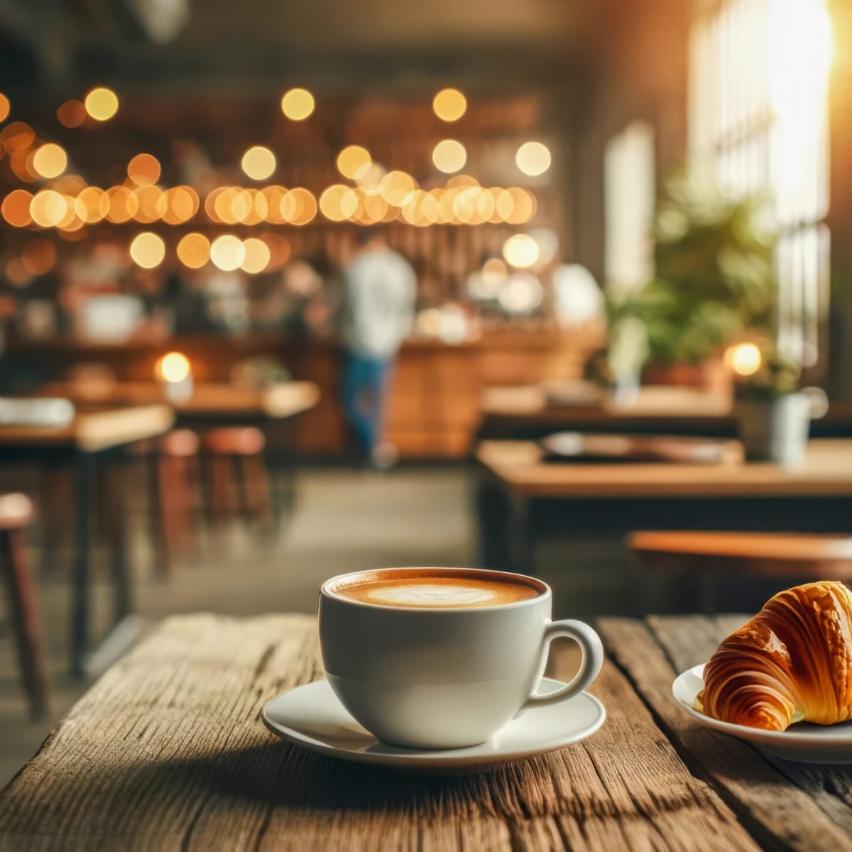 A foamy cappuccino and a freshly baked croissant on a wooden table in a cozy, sunlit cafe with blurred patrons in the background.
