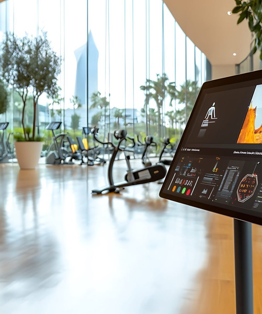 Modern fitness center showcasing advanced exercise equipment and digital interface in a bright space