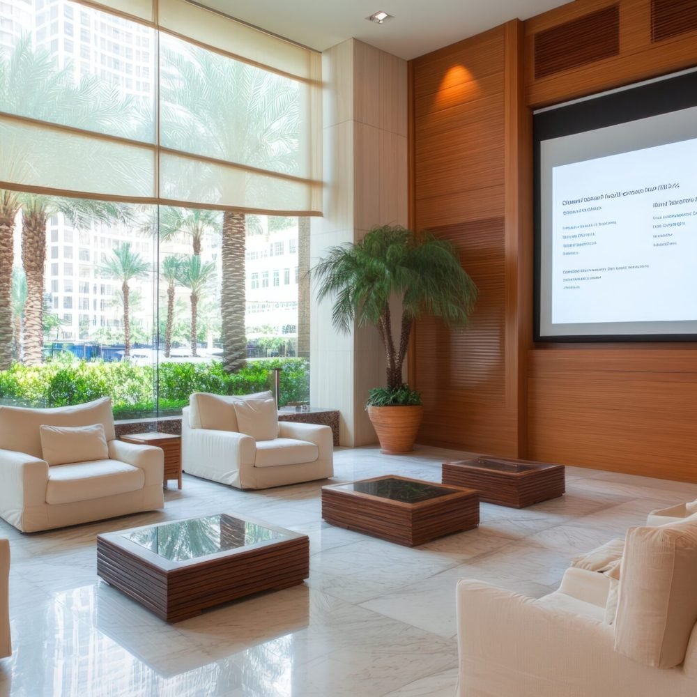 An inviting indoor lounge area presents a harmonious blend of comfort and modern design. The space features soft, light-colored sofas and armchairs arranged around sleek, dark wood tables, creating a cozy yet sophisticated ambiance. Large windows offer views of lush greenery, merging the indoor and outdoor environments. Potted palm trees enhance the natural feel of the room. A screen adorns one wall, suggesting the possibility of presentations or entertainment. The scene evokes a sense of relaxation and could be used for lifestyle, hospitality, or corporate purposes.